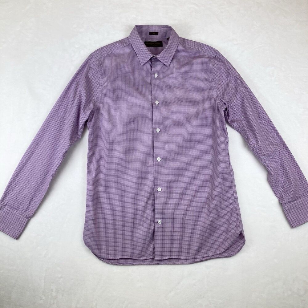 Fairlane & Sons Men's Medium Long Sleeve Button Down Shirt Purple Plaid Slim Fit